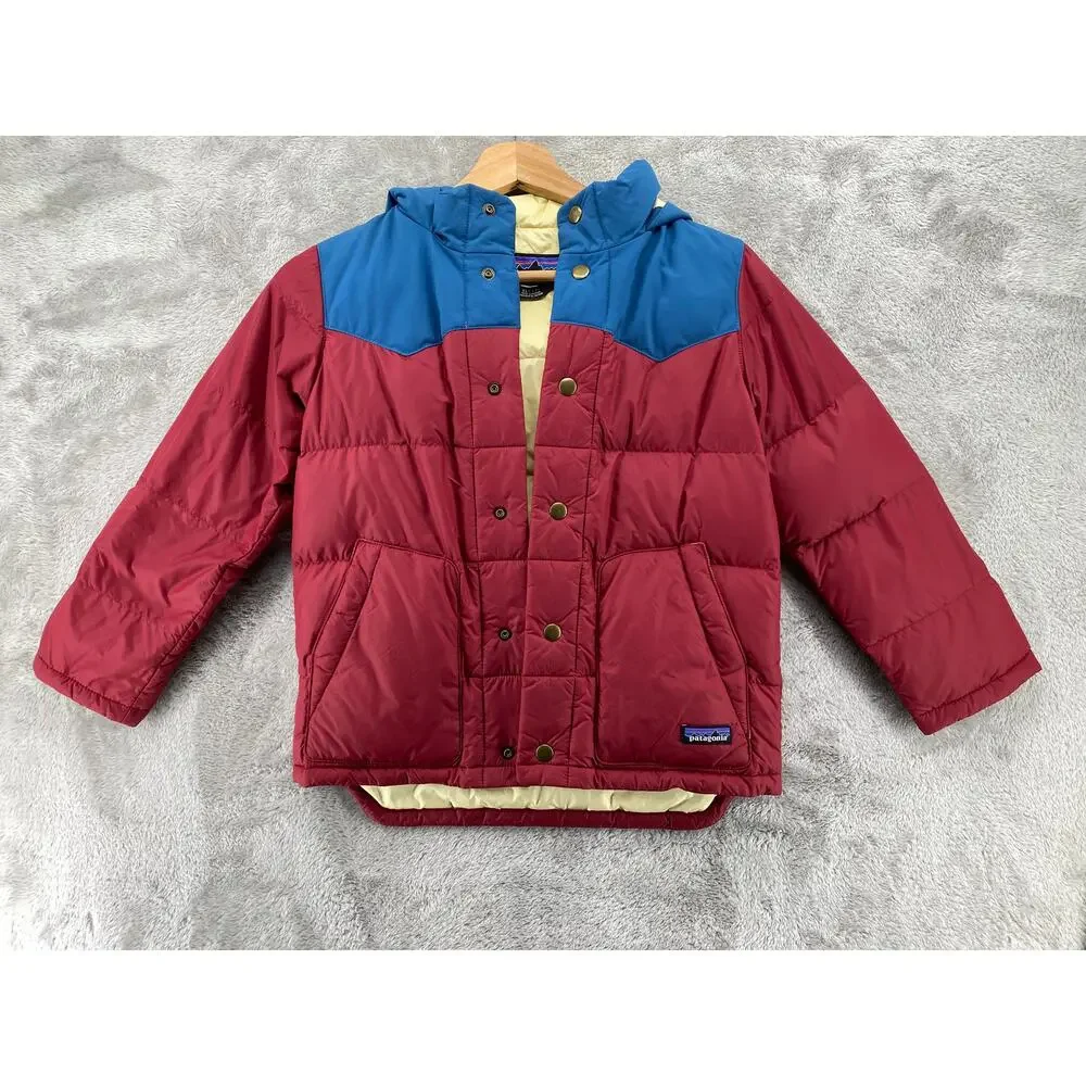 Patagonia Kids Down Puffer Jacket Hooded Burgundy Blue XS 5-6 Winter Coat